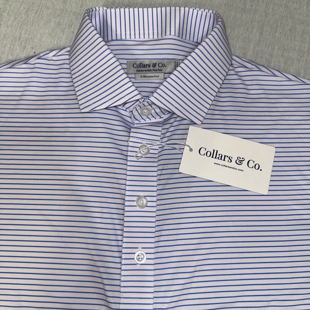 Collars & Co Golf Polo Pink Blue Stripe Small Relaxed Featherweight Flex NWT